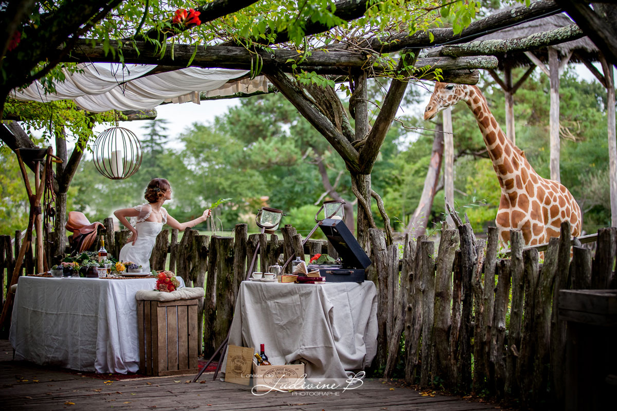 Décoration de mariage au thème safari chic avec une mariée, une girafe dans un extérieur bohème et sauvage.
