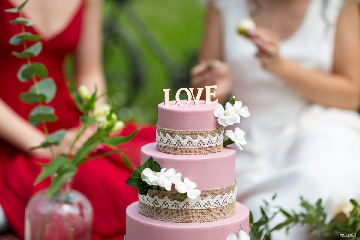 Wedding cake de mariage dans un jardin romantique dans le Sud Ouest.