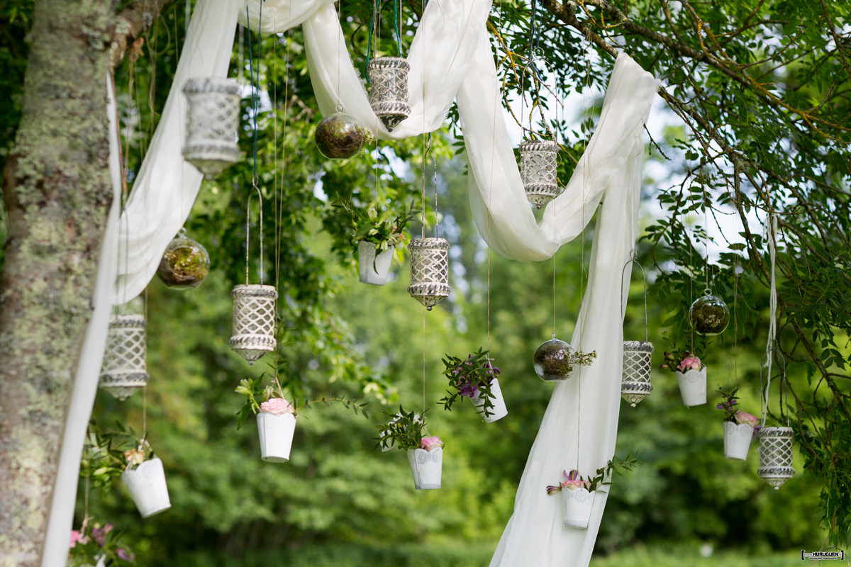 Arche de mariage sur arbre pour une décoration de cérémonie laïque champêtre en extérieur.