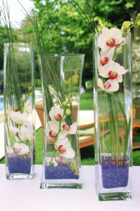 Décoration Chic Composée De Vases Transparents Avec Des Orchidées Et Du Steel Grass.