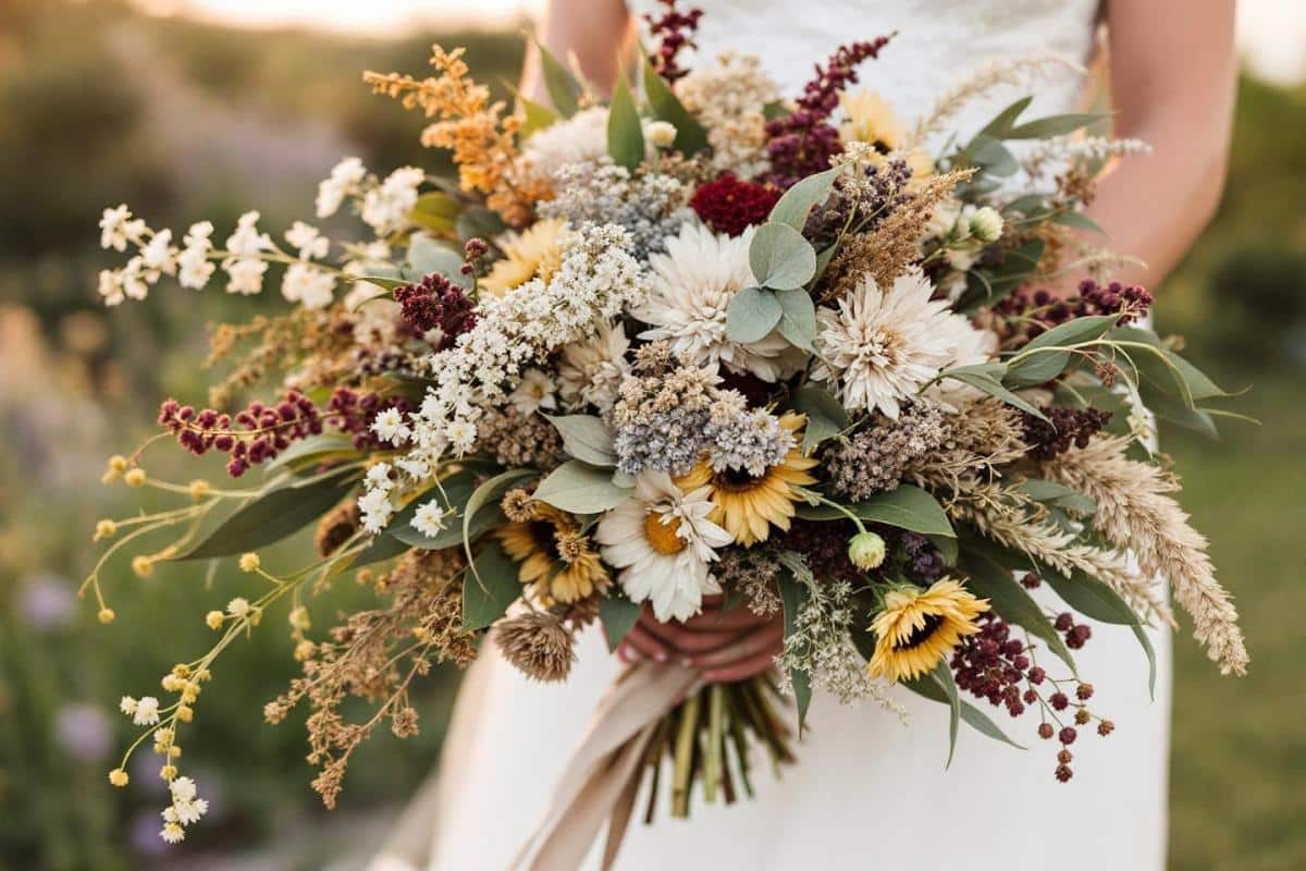 Bouquet de mariée en fleurs séchées et stabilisées pour votre mariage