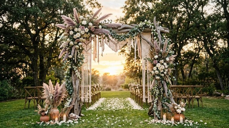 Arche de mariage décorée fleurs bohème coucher soleil