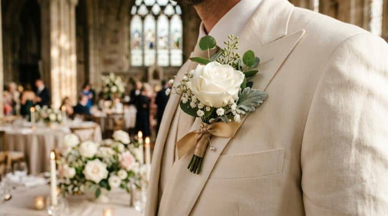 Homme en costume crème portant une boutonnière blanche