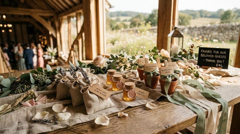 Table de cadeaux mariage avec miel, graines fleurs, fleurs séchées