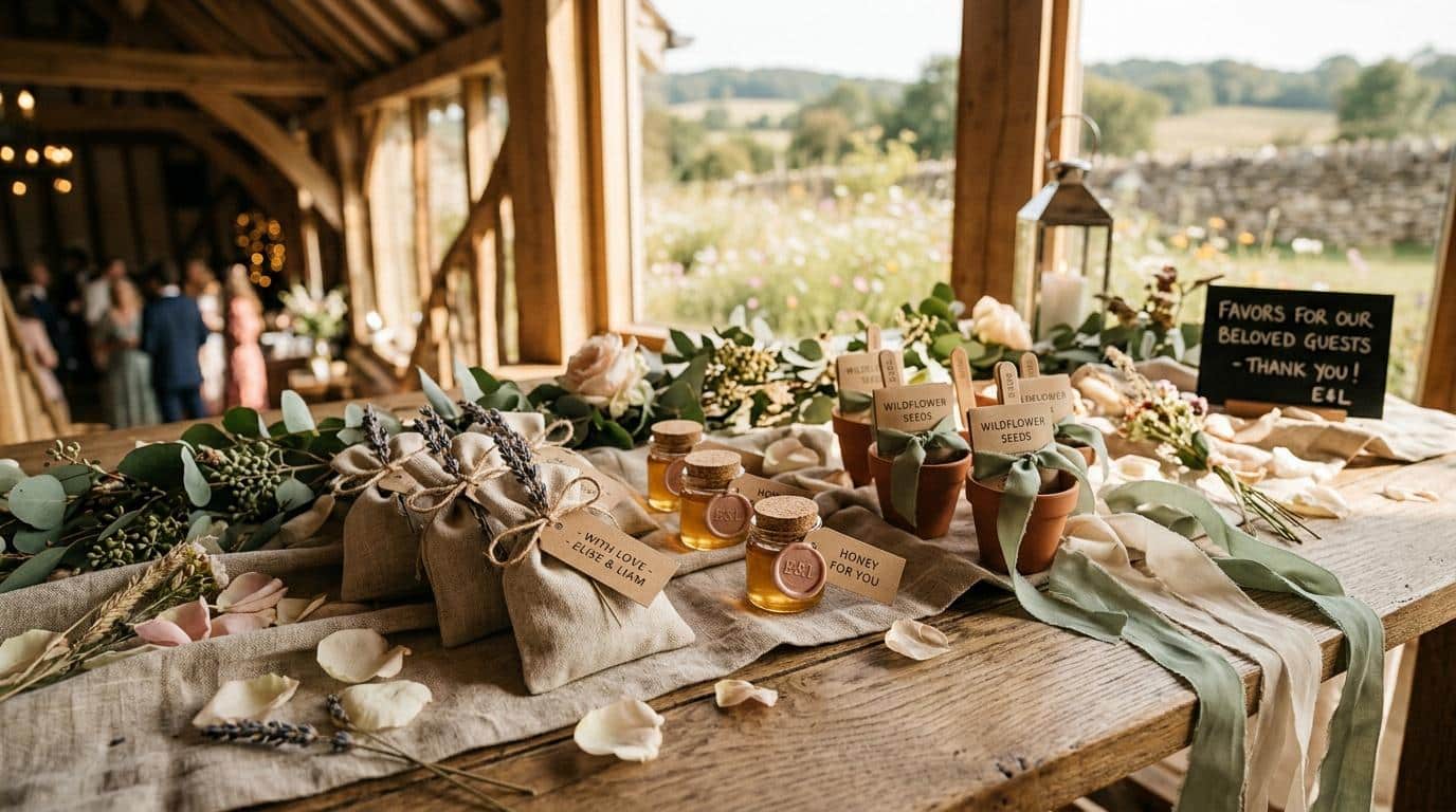 Table de cadeaux mariage avec miel, graines fleurs, fleurs séchées