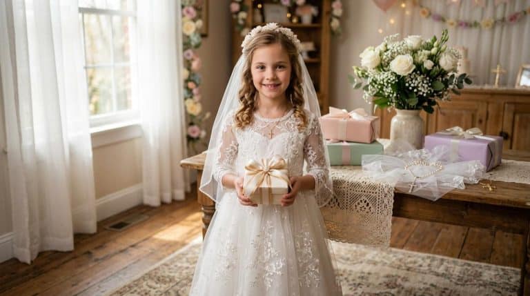Enfant vêtue d'une robe blanche de communion avec voile