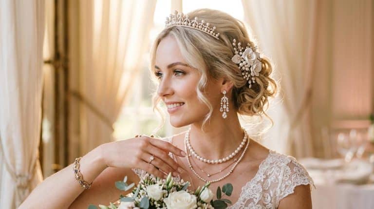 Jeune mariée souriante avec tiare, bijoux perles et bouquet blanc