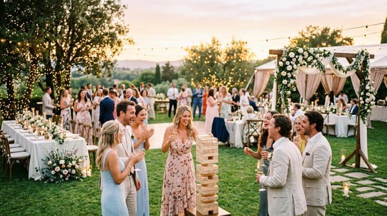 Invités jouant aux jeux lors d'une réception de mariage élégante