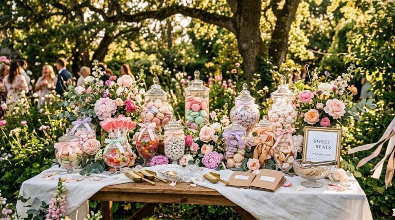 Table décorée avec fleurs roses, bonbons et macarons.