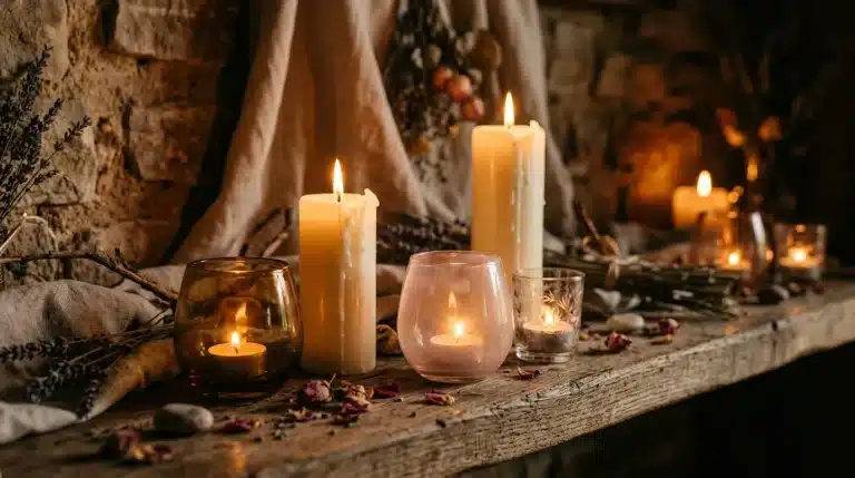 Bougies allumées sur bois avec décoration florale rustique