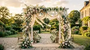 Arche décorée de fleurs blanches et roses pour cérémonie de mariage