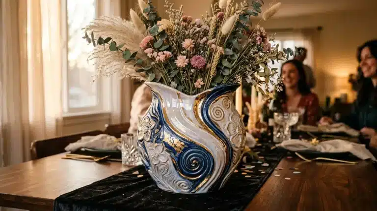 Vase bleu et blanc ornementé avec bouquet de fleurs séchées