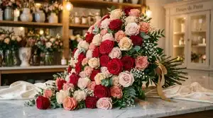 Bouquet élégant de roses rouges, roses et pêche avec gypsophile