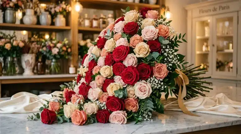 Bouquet élégant de roses rouges, roses et pêche avec gypsophile