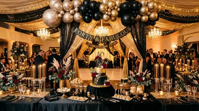 Salle de gala décorée noir et or pour anniversaire 40 ans