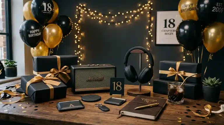 Table décorée pour fête d'anniversaire 18 ans avec ballons or et noir