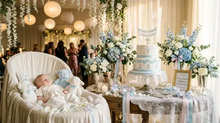 Bébé endormi dans un berceau lors d'une cérémonie de baptême