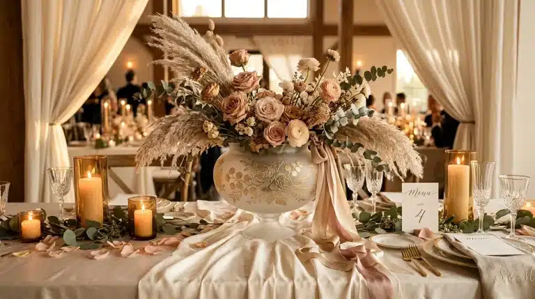Table de mariage avec fleurs pêche, bougies et décoration luxueuse