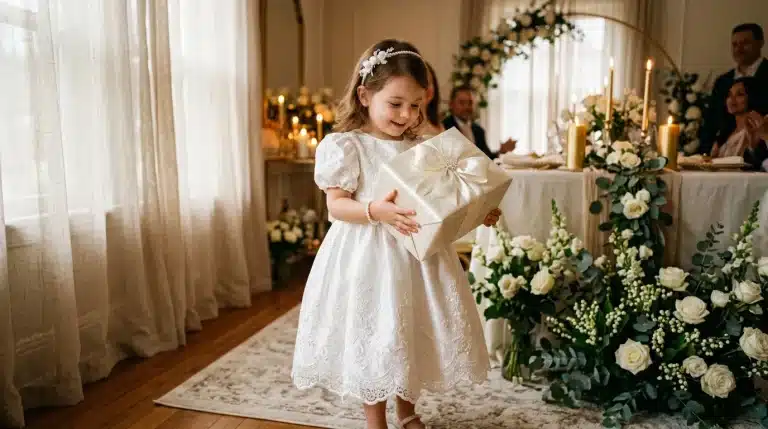 Petite fille en robe blanche tenant un cadeau de mariage