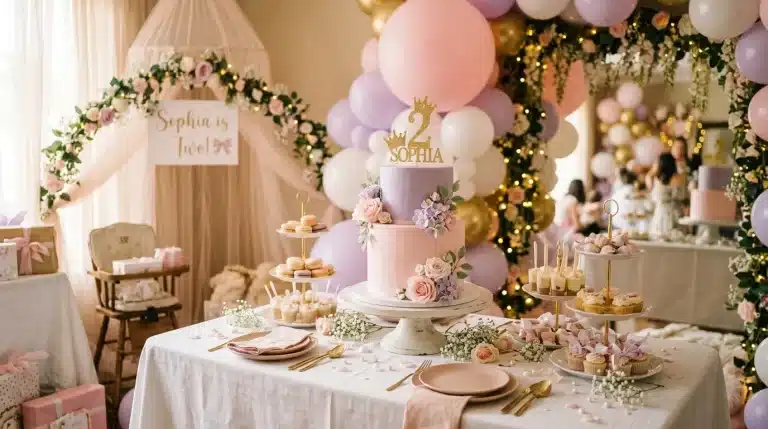 Décoration luxueuse pour anniversaire enfant avec gâteau rose et ballons