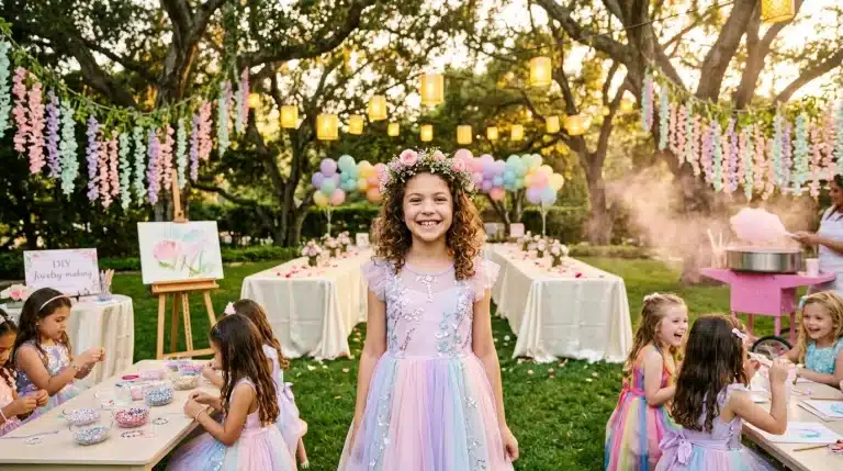 Jeune fille souriante à une fête d'enfants décorée de fleurs et ballons