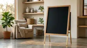 Salon lumineux avec fauteuil, plantes et tableau noir vide