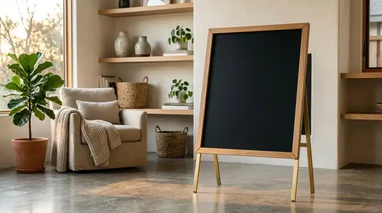 Salon lumineux avec fauteuil, plantes et tableau noir vide