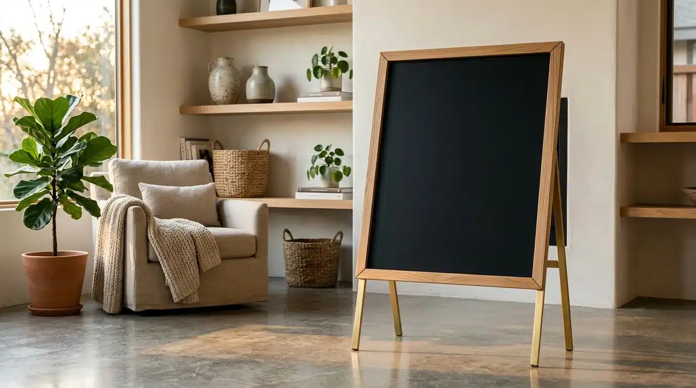 Salon lumineux avec fauteuil, plantes et tableau noir vide