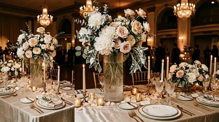 Table de mariage décorée roses blanches chandeliers dorés