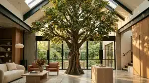 Intérieur spacieux avec arbre majestueux et baies vitrées
