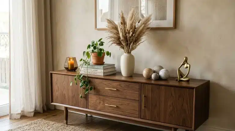 Buffet en bois avec plantes, livres et sculptures décoratives