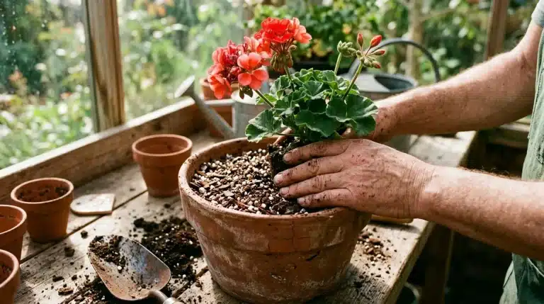 Mains plantant un géranium rouge dans un pot de terre