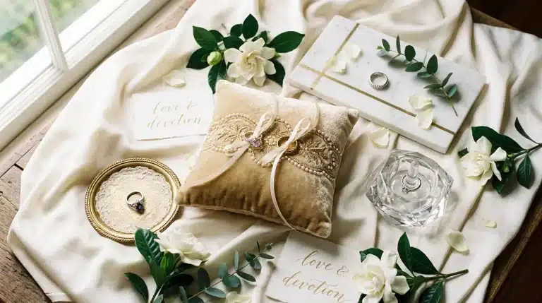 Anneaux, coussin doré et fleurs blanches pour mariage.