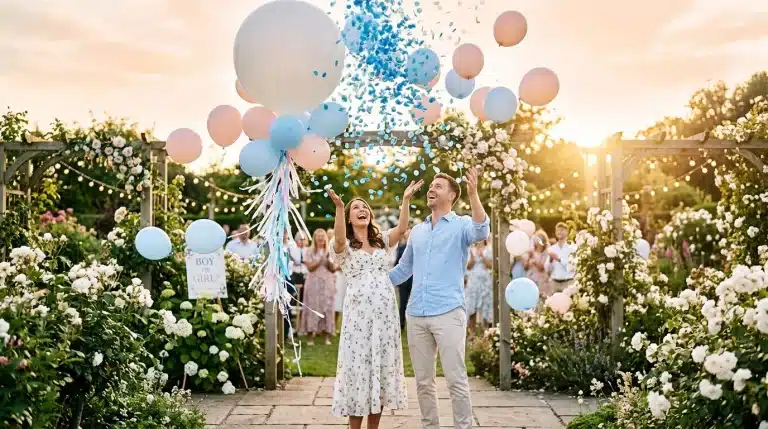 Couple heureux révélant le sexe du bébé avec ballons bleus et roses