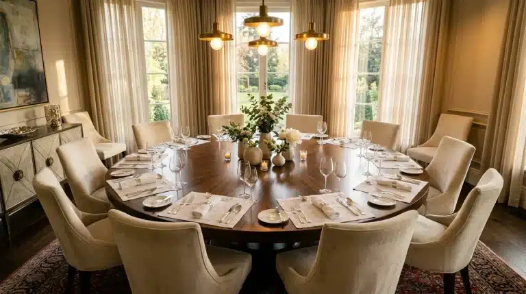 Table ronde avec chaises beige, lustre doré, grandes fenêtres