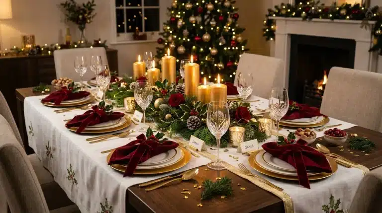 Table festive décorée avec bougies, fleurs rouges et ornements dorés