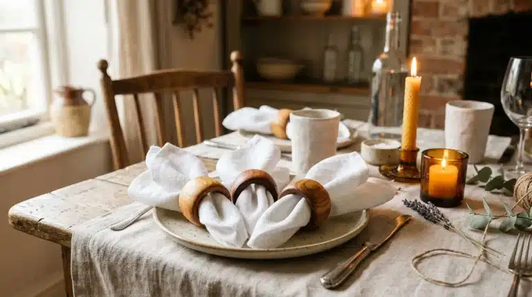 Table dressée avec serviettes blanches, bougies et décoration rustique