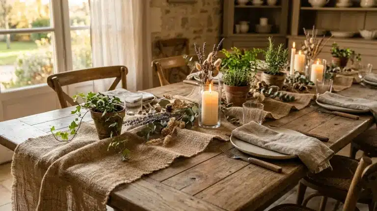 Table en bois avec chemin de table jute, plantes et bougies allumées