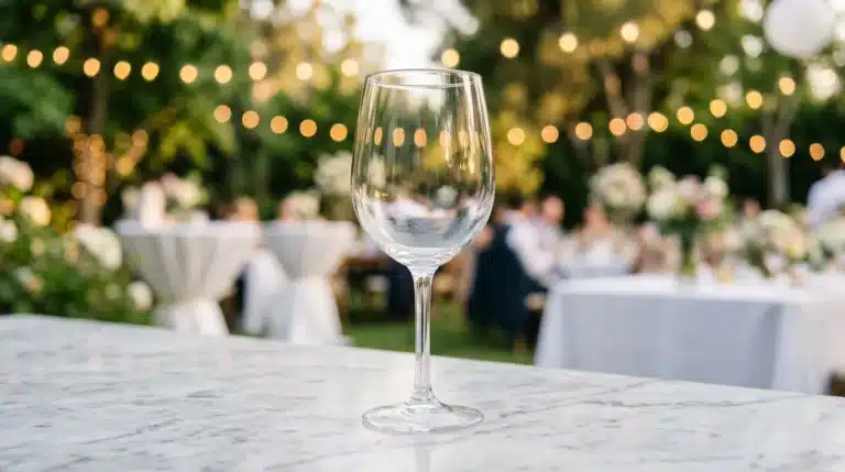 Verre transparent sur table marbre, jardin festif arrière-plan