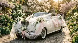 Voiture blanche décorée fleurs et tissus pour mariage