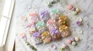 Sachets de bonbons colorés, macarons et fleurs décoratives