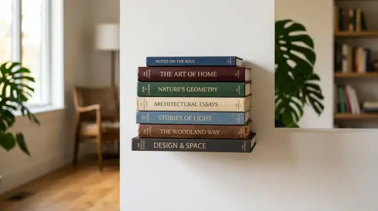 Stack de sept livres sur design, architecture et intérieur dans salon lumineux.