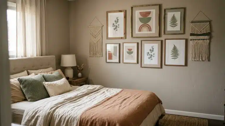 Chambre avec lit, galerie murale et décoration macramé naturelle