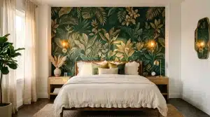 Chambre moderne avec tête de lit décorée de papier peint tropical vert et doré