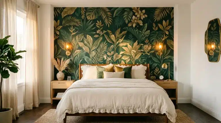 Chambre moderne avec tête de lit décorée de papier peint tropical vert et doré