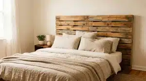 Lit avec tête en palettes bois, draps beiges, décor épuré