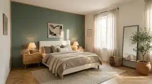 Chambre élégante avec mur vert, lit blanc et meubles bois naturel