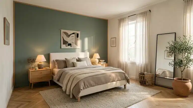 Chambre élégante avec mur vert, lit blanc et meubles bois naturel