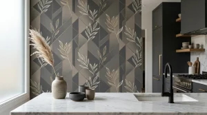 Cuisine contemporaine avec papier peint feuilles, comptoir marbre blanc