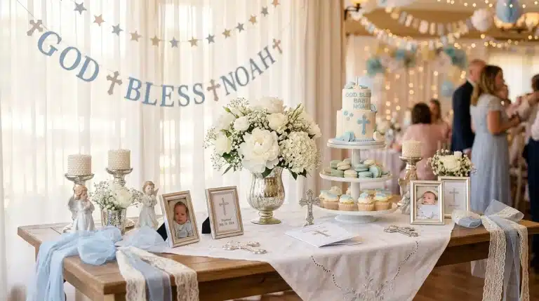 Table de baptême avec fleurs blanches, gâteau et bannière bénédiction